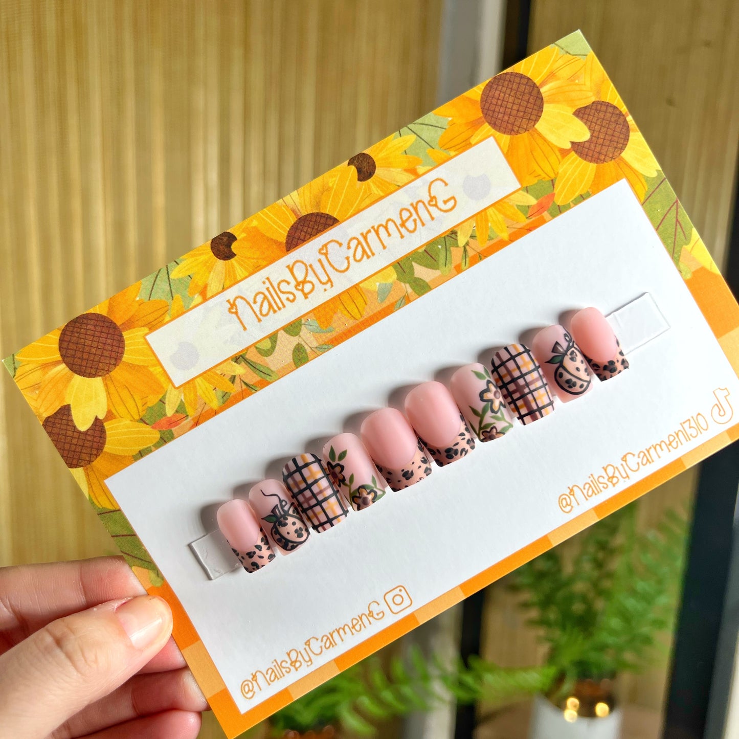 Pumpkin cheetah plaid French tip Acrylic Press on nails