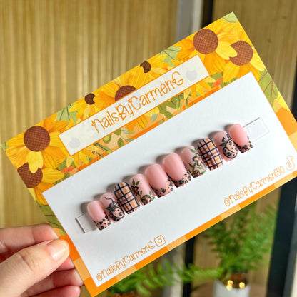 Pumpkin cheetah plaid French tip Acrylic Press on nails