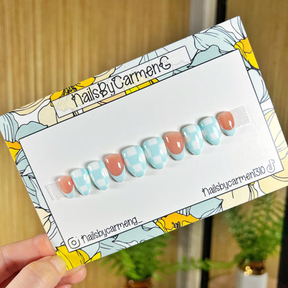 Blue checkered print French tip Acrylic Press on nails