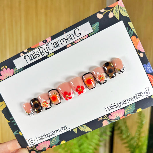 Red floral tortoise Acrylic Press on nails