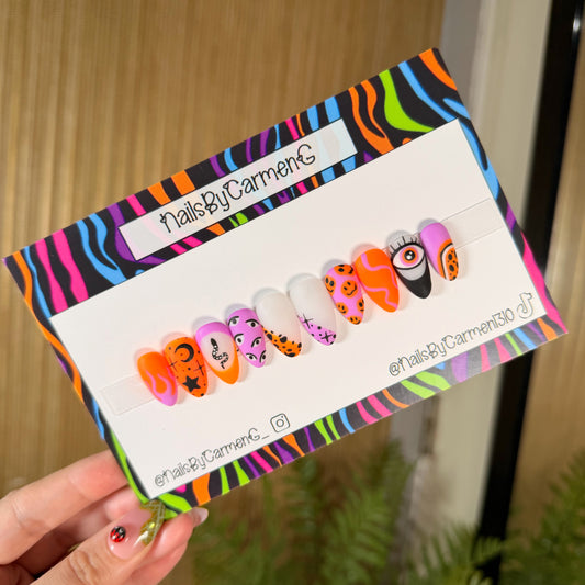 Trippy orange and purple evil eye Acrylic Press on nails