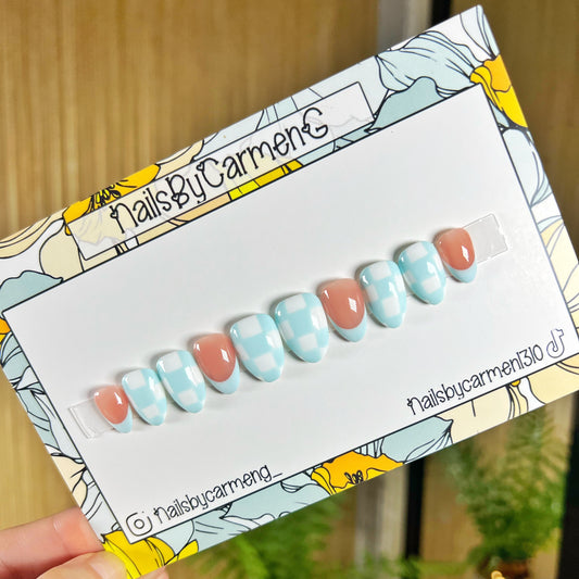 Blue checkered print French tip Acrylic Press on nails