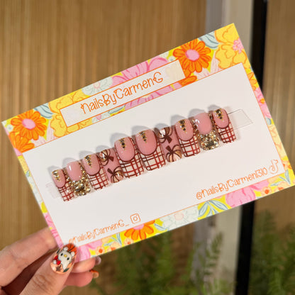 Plaid pumpkin Cat Eye Acrylic Press on nails