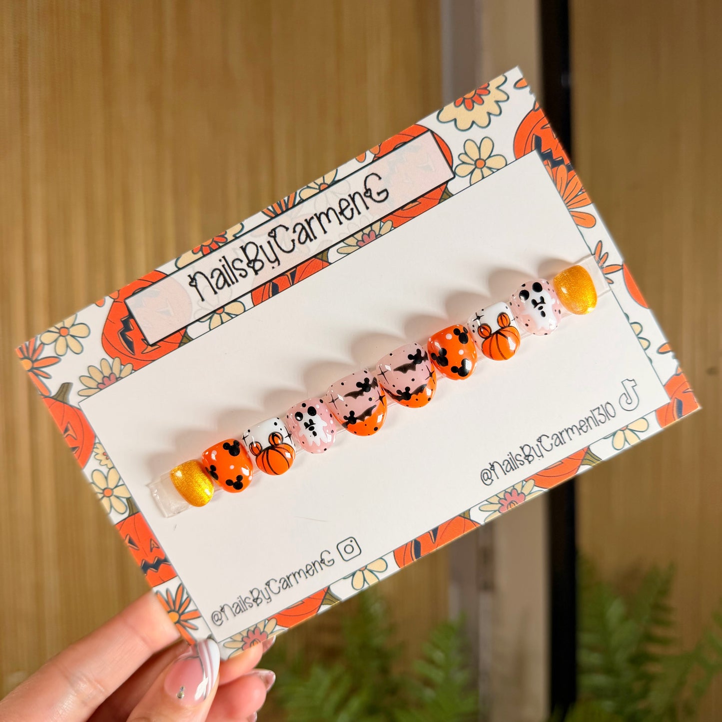 Orange and gold Mickey bats , ghosts and pumpkins Acrylic Press On Nails