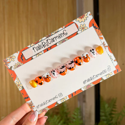Orange and gold Mickey bats , ghosts and pumpkins Acrylic Press On Nails