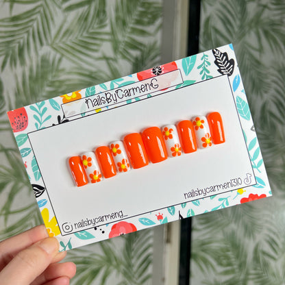 Orange Floral Press On Nails