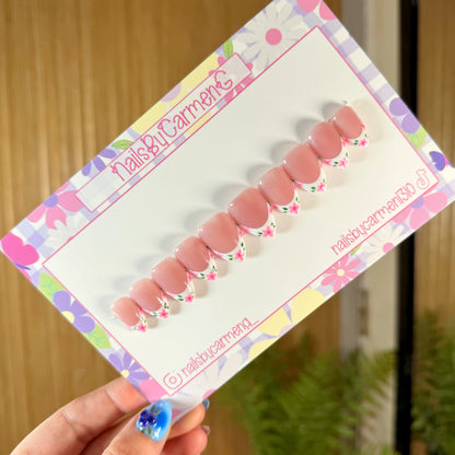 Pink floral spring French tip Acrylic Press on nails