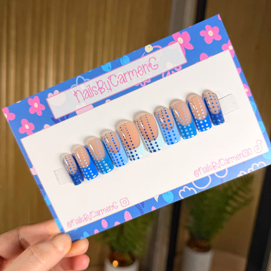 Multi Blue French tip Acrylic Press On Nails