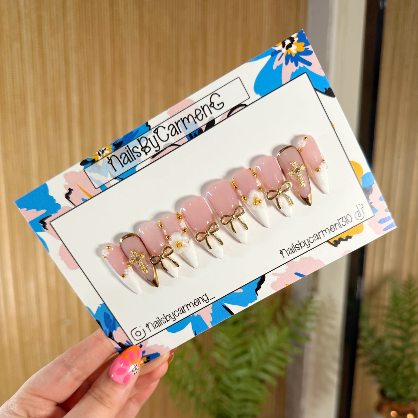 White French tip with gold bows Acrylic Press on nails