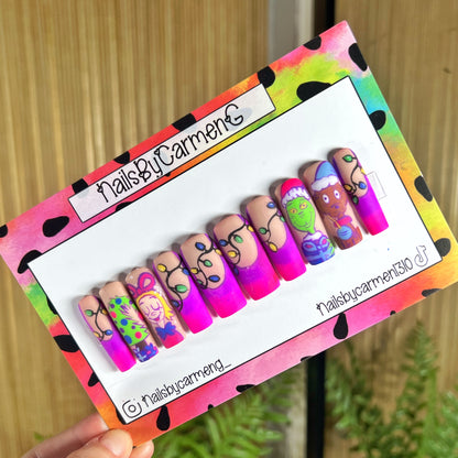 Glow in the dark lights pink Grinch  Acrylic Press on nails