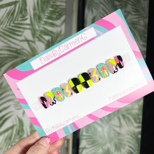 Neon yellow checkered smoke drip Acrylic Press on nails
