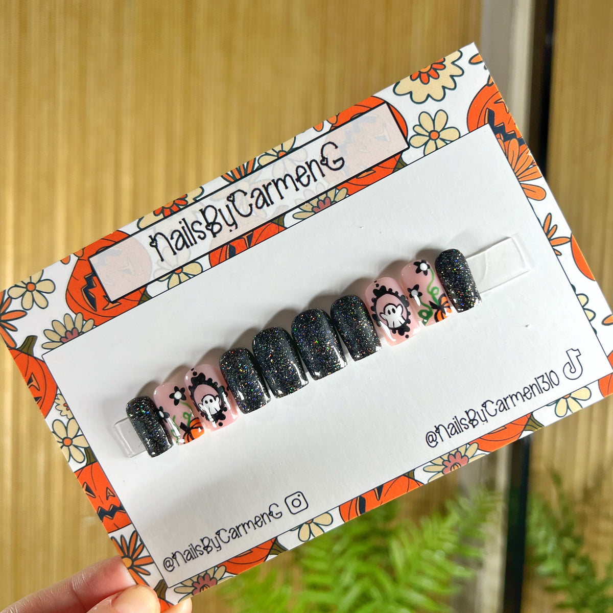 Black glitter ghost in frame and pumpkins Acrylic Press on nails