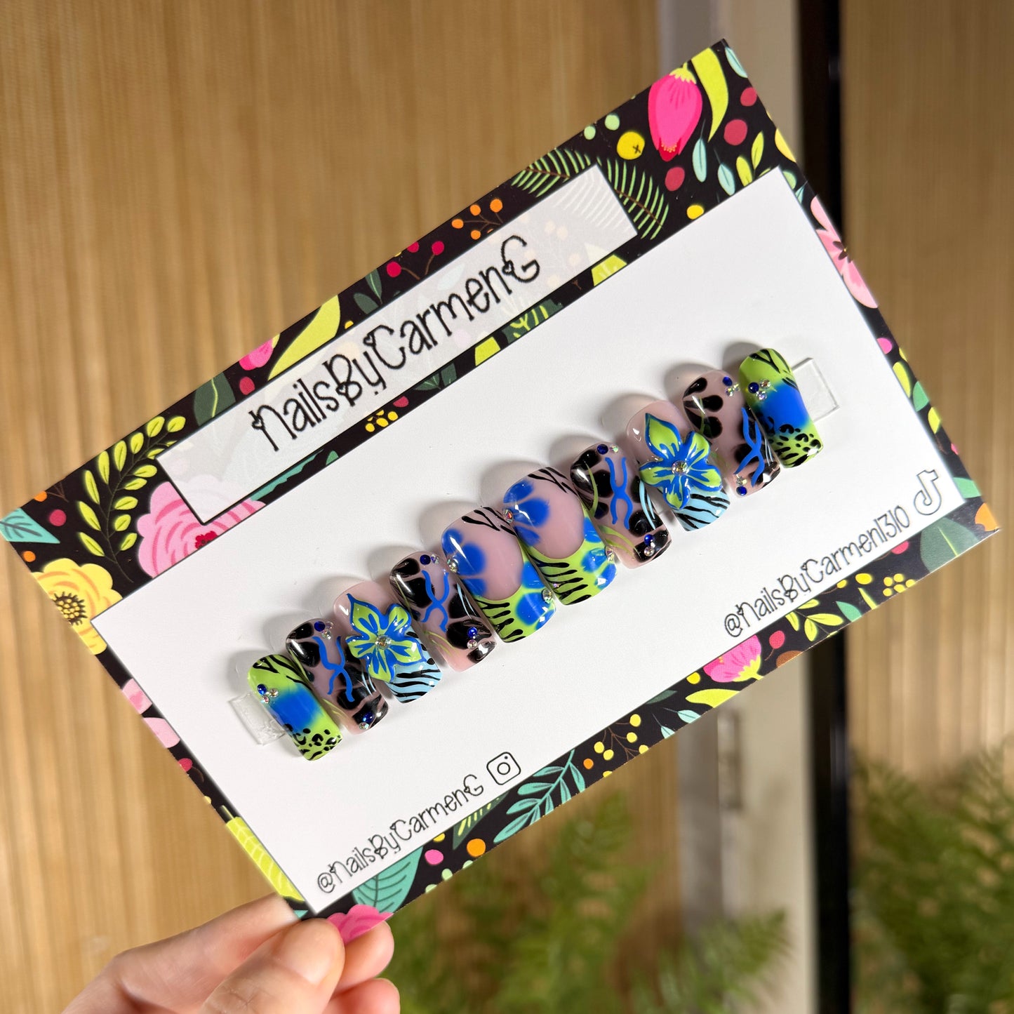 Blue green 3d floral Acrylic Press on nails