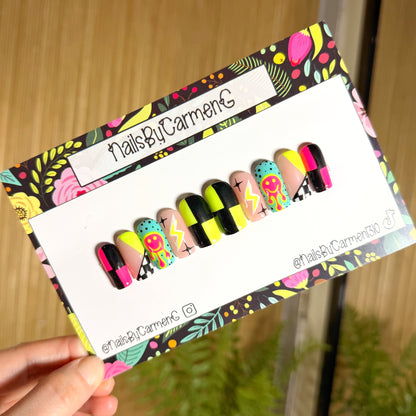 Neon yellow checkered smoke drip Acrylic Press on nails