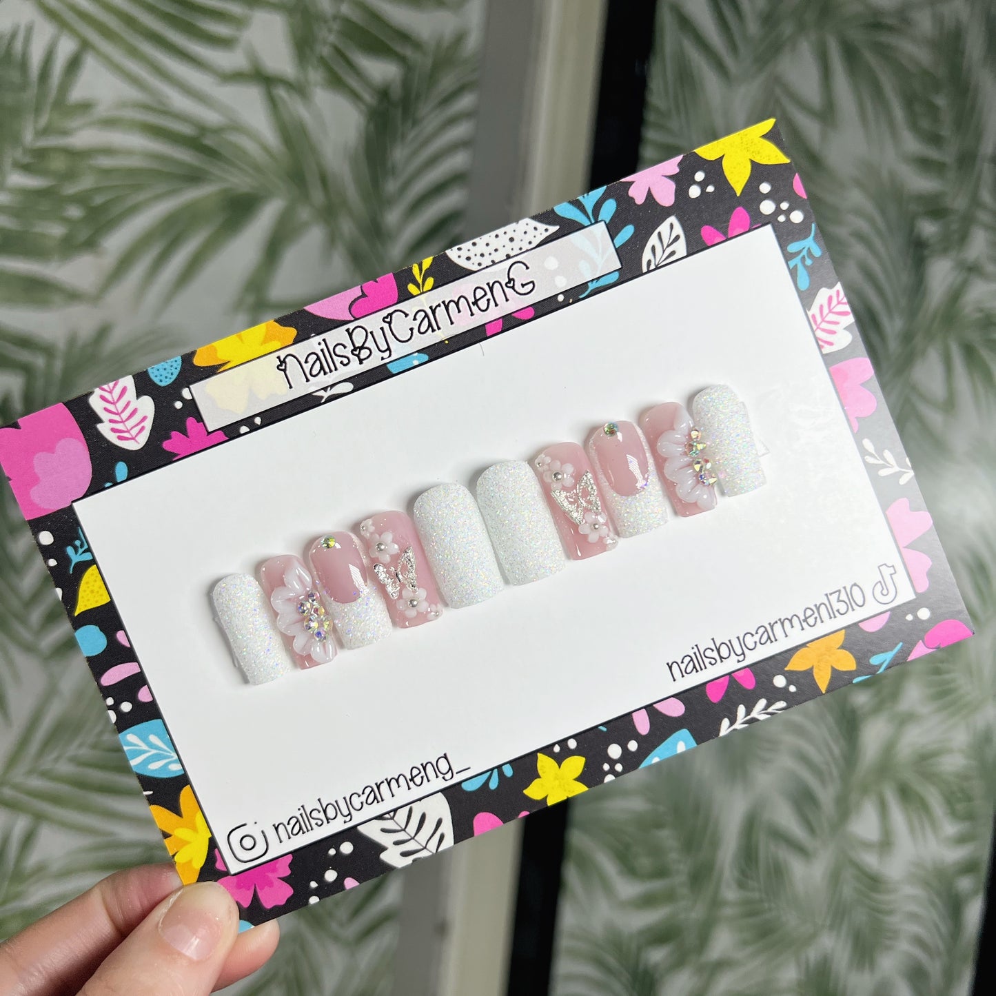 White glitter ombré 3D flowers Acrylic Press on nails