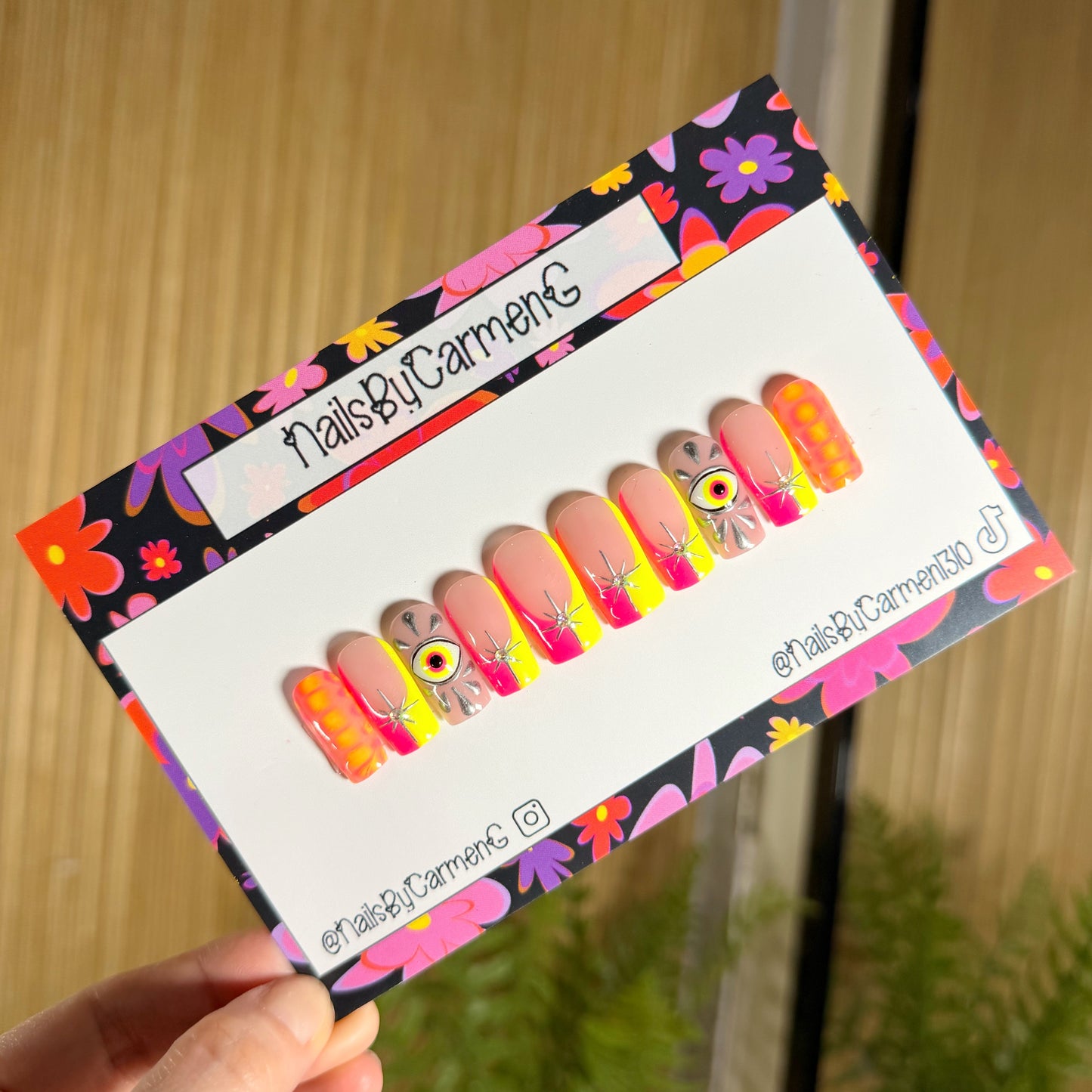 Neon pink and yellow evil eye French tip Acrylic Press on nails