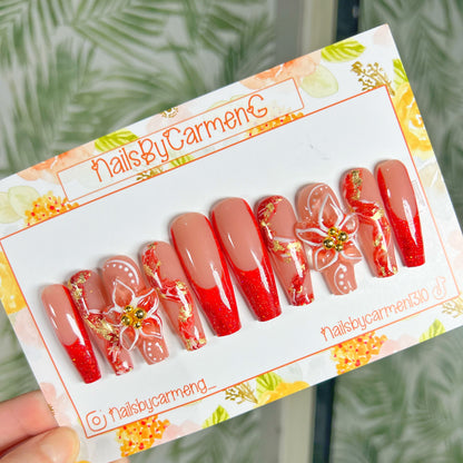 Red glitter 3D flower Acrylic Press on nails