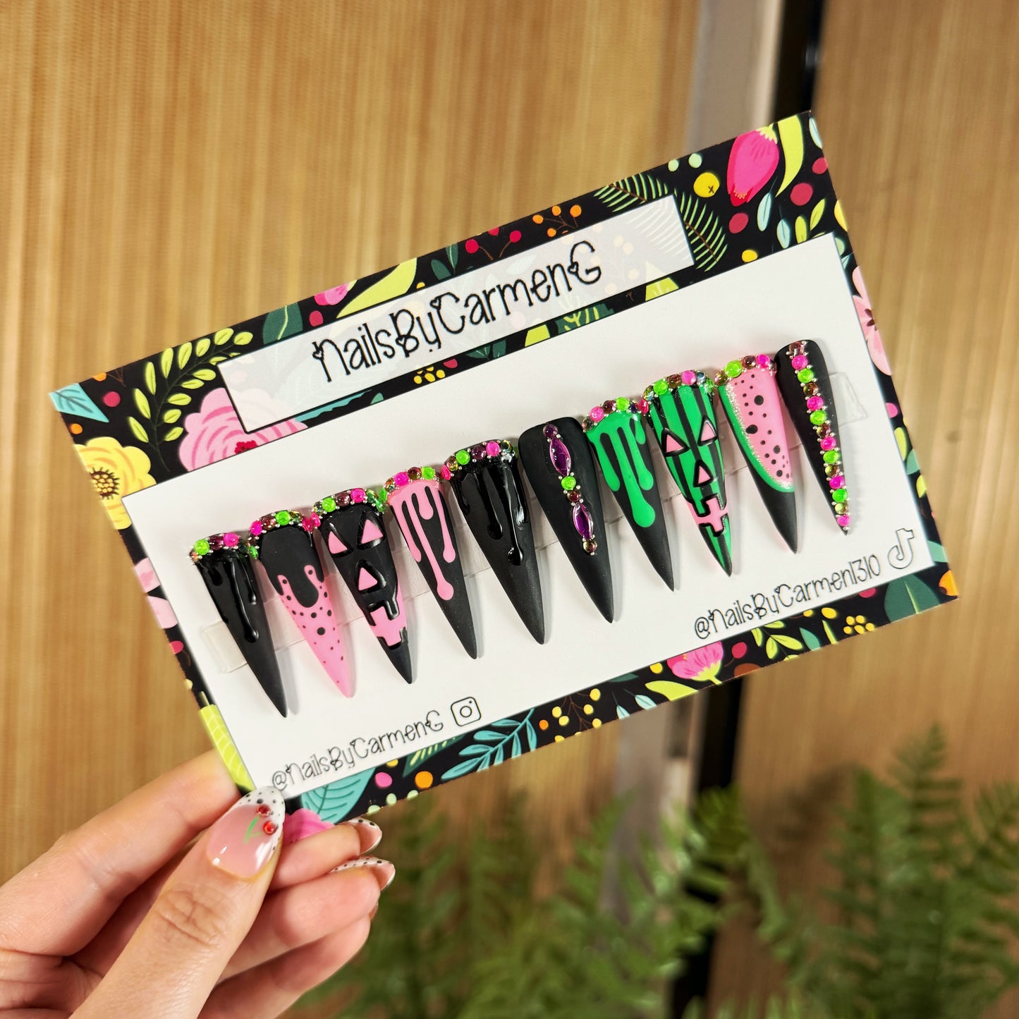 Pink and green pumpkin drip Acrylic Press on nails