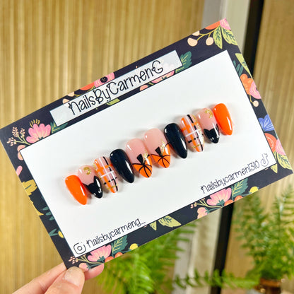 Pumpkin and cat French tip Acrylic Press on nails