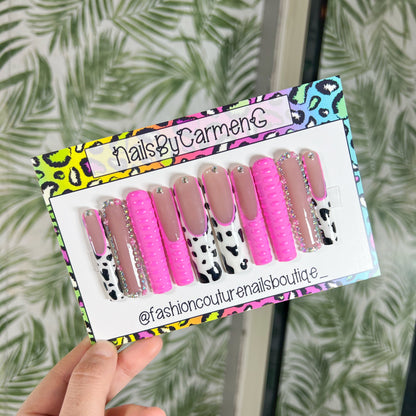 Pink cow print and 3D croc Acrylic Press on nails