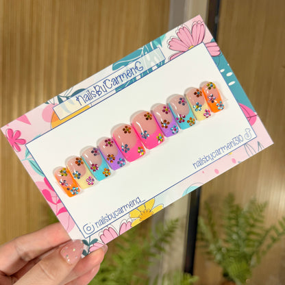 Rainbow tip with rhinestone flowers Acrylic Press on nails