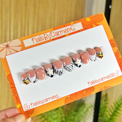 Flower animal print French tip Acrylic Press on nails