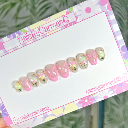 Pink Ballerina French tip and tulips Acrylic Press on nails