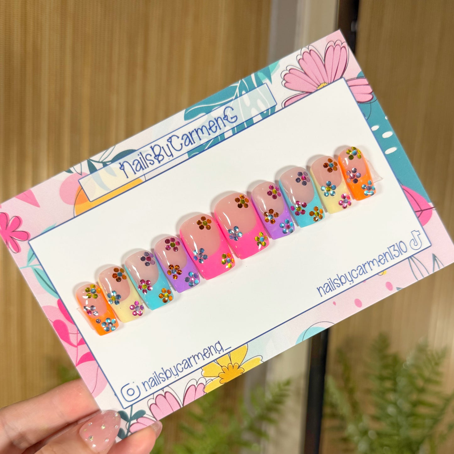 Rainbow tip with rhinestone flowers Acrylic Press on nails