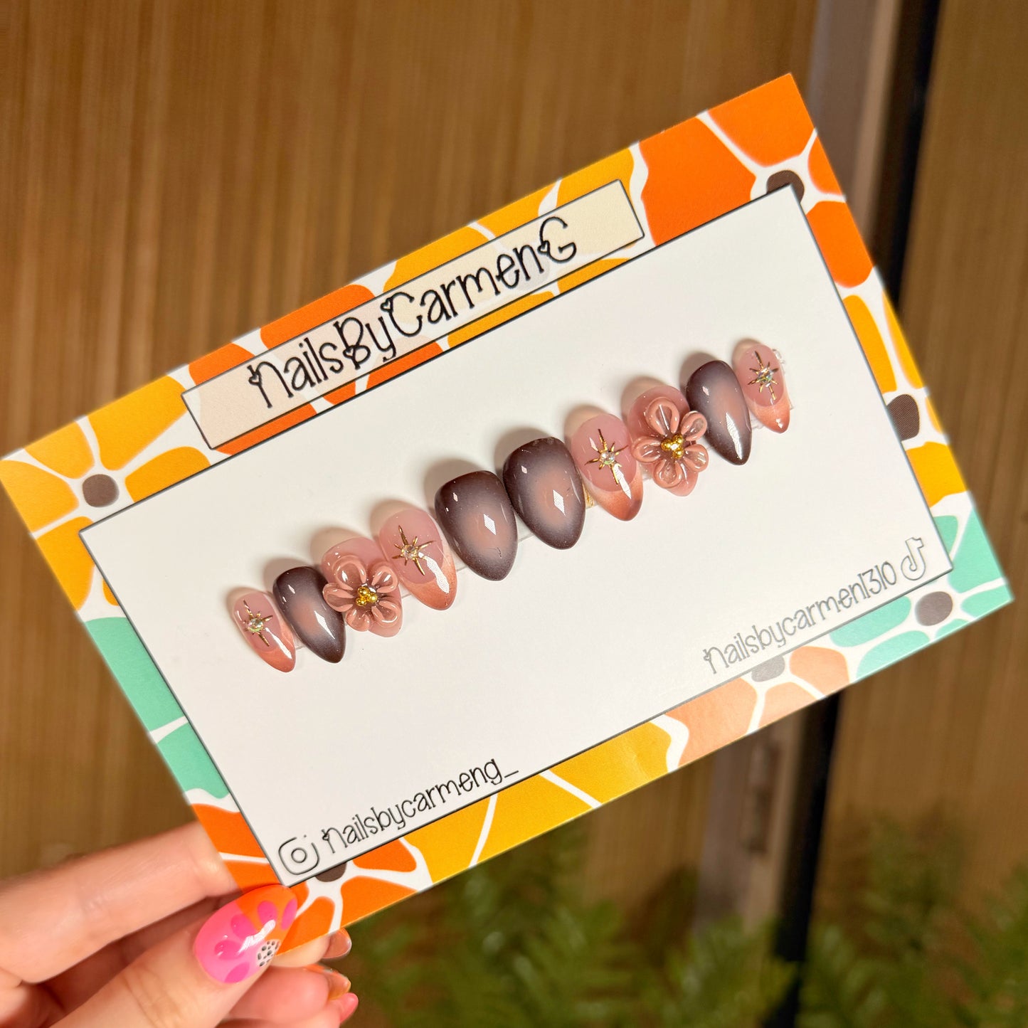 Brown 3d flower ombre Acrylic Press On Nails