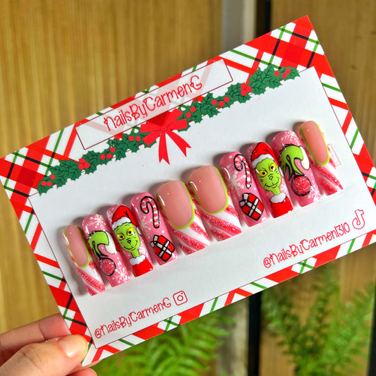 Pink jolly Grinch Acrylic Press on nails