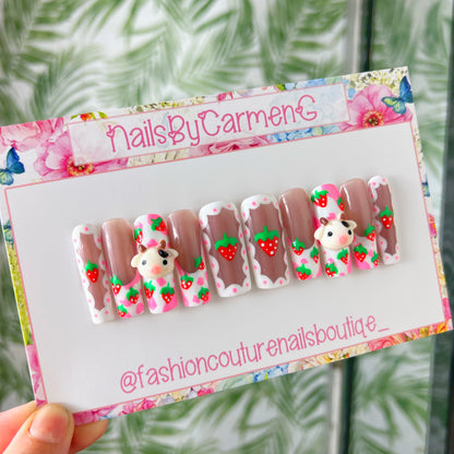 Strawberry cow Acrylic Press on nails