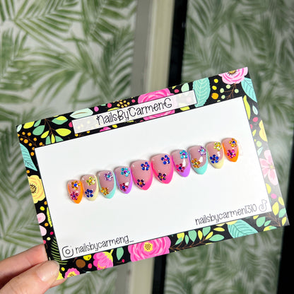 Rainbow tip with rhinestone flowers Acrylic Press on nails