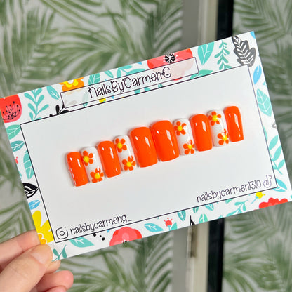 Orange Floral Press On Nails