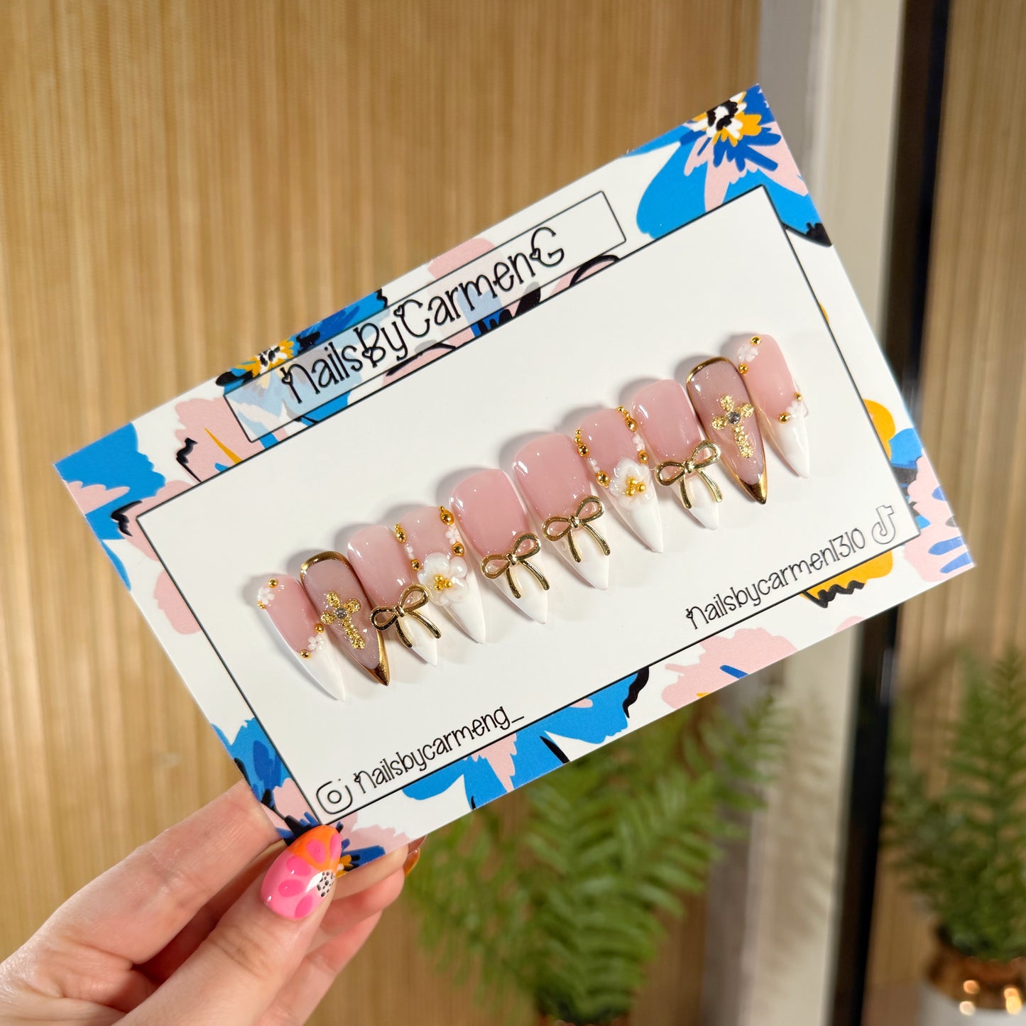 White French tip with gold bows Acrylic Press on nails