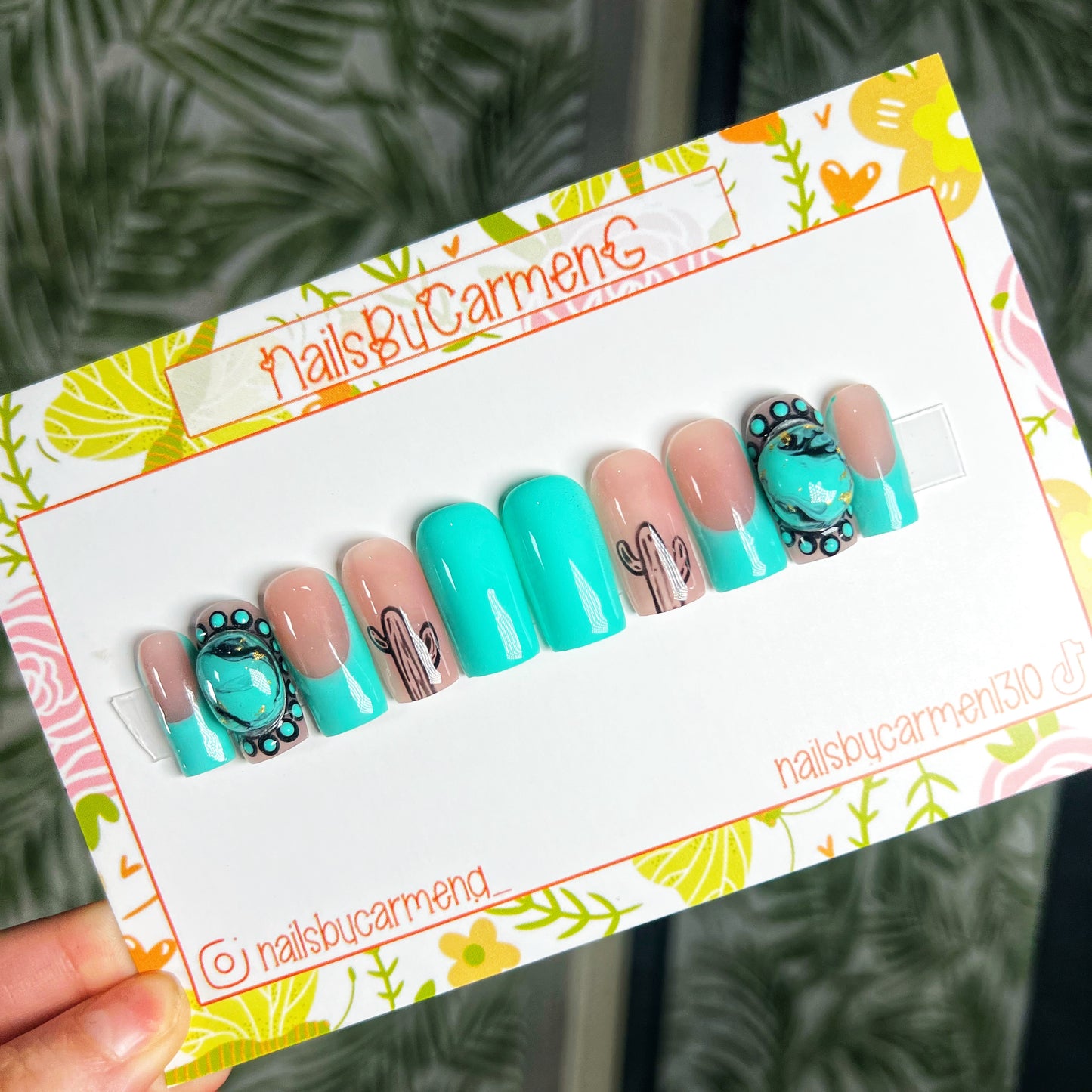 Teal turquoise stone western Acrylic Press on nails
