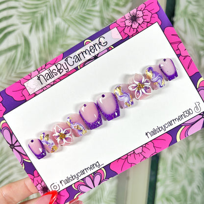 Purple glitter 3D flower Acrylic Press on nails