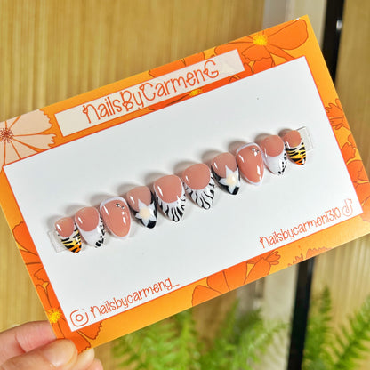 Flower animal print French tip Acrylic Press on nails
