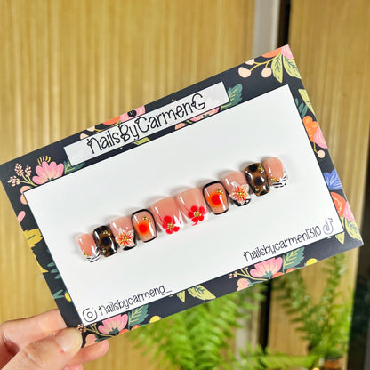 Red floral tortoise Acrylic Press on nails