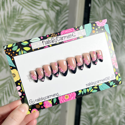 Cherry blossom Black French tip Acrylic Press on nails