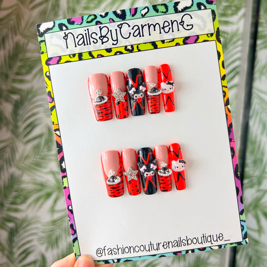 Red French tip with charms Acrylic Press on nails