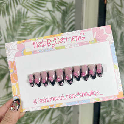 Cherry blossom Black French tip Acrylic Press on nails