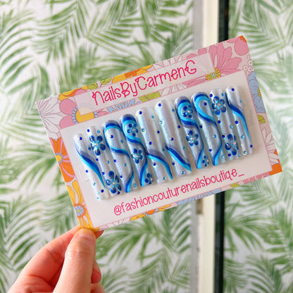 Summer blues and swirls Acrylic Press on nails