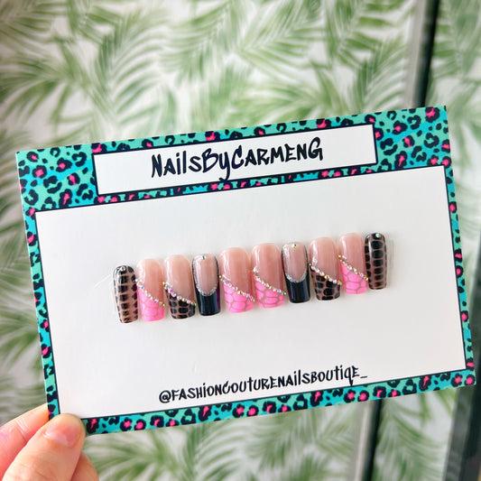 Black and Pink snake print Acrylic Press on nails