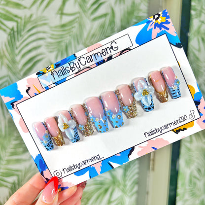 3D blue and gold flower Acrylic Press on nails