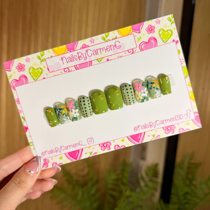 Green dots and flowers Acrylic Press on nails