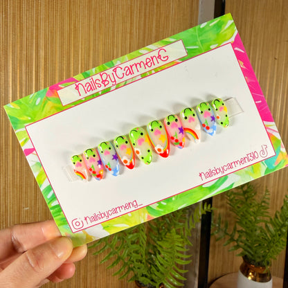 Rainbow Frogs French Tip Acrylic Press On Nails