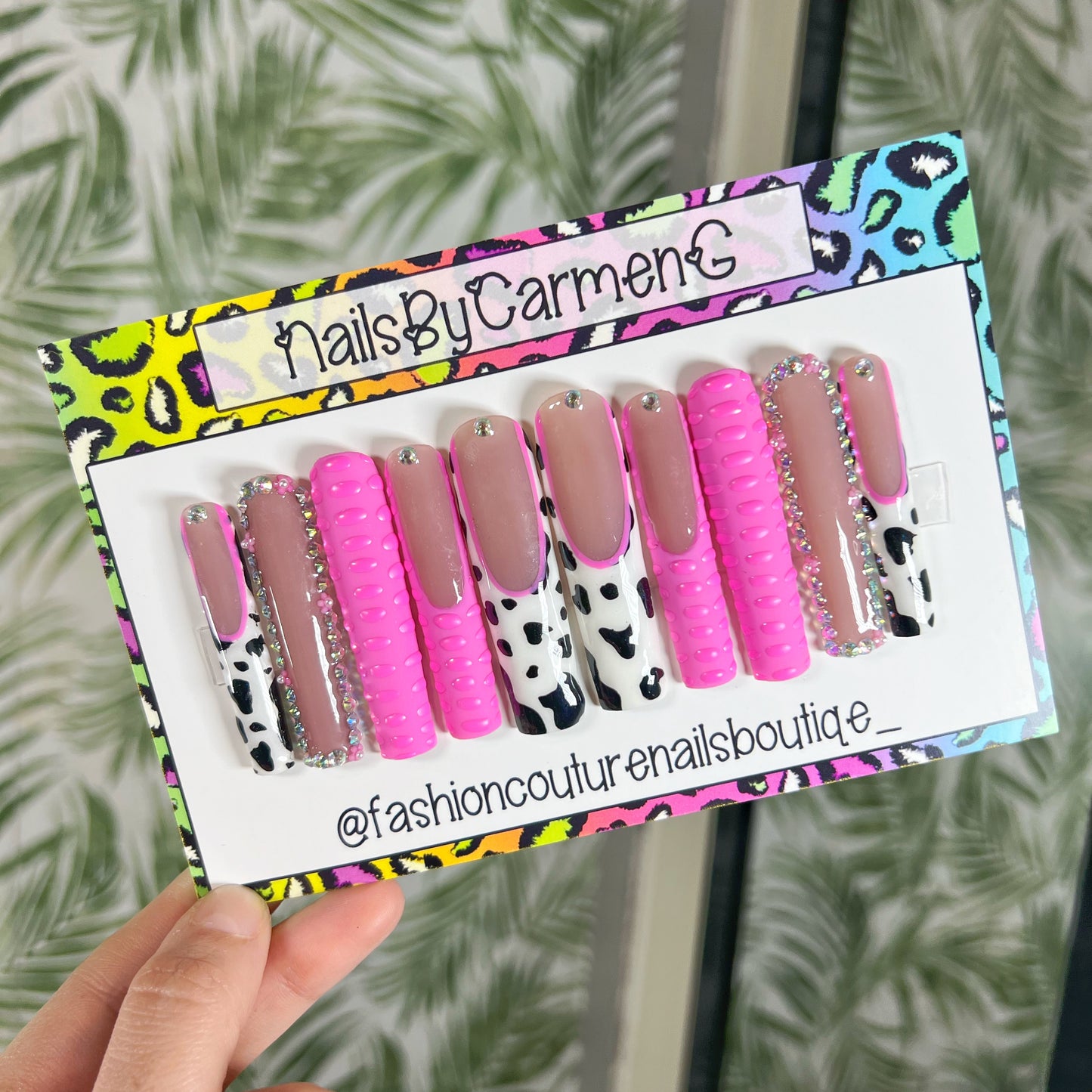 Pink cow print and 3D croc Acrylic Press on nails