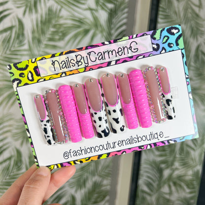 Pink cow print and 3D croc Acrylic Press on nails