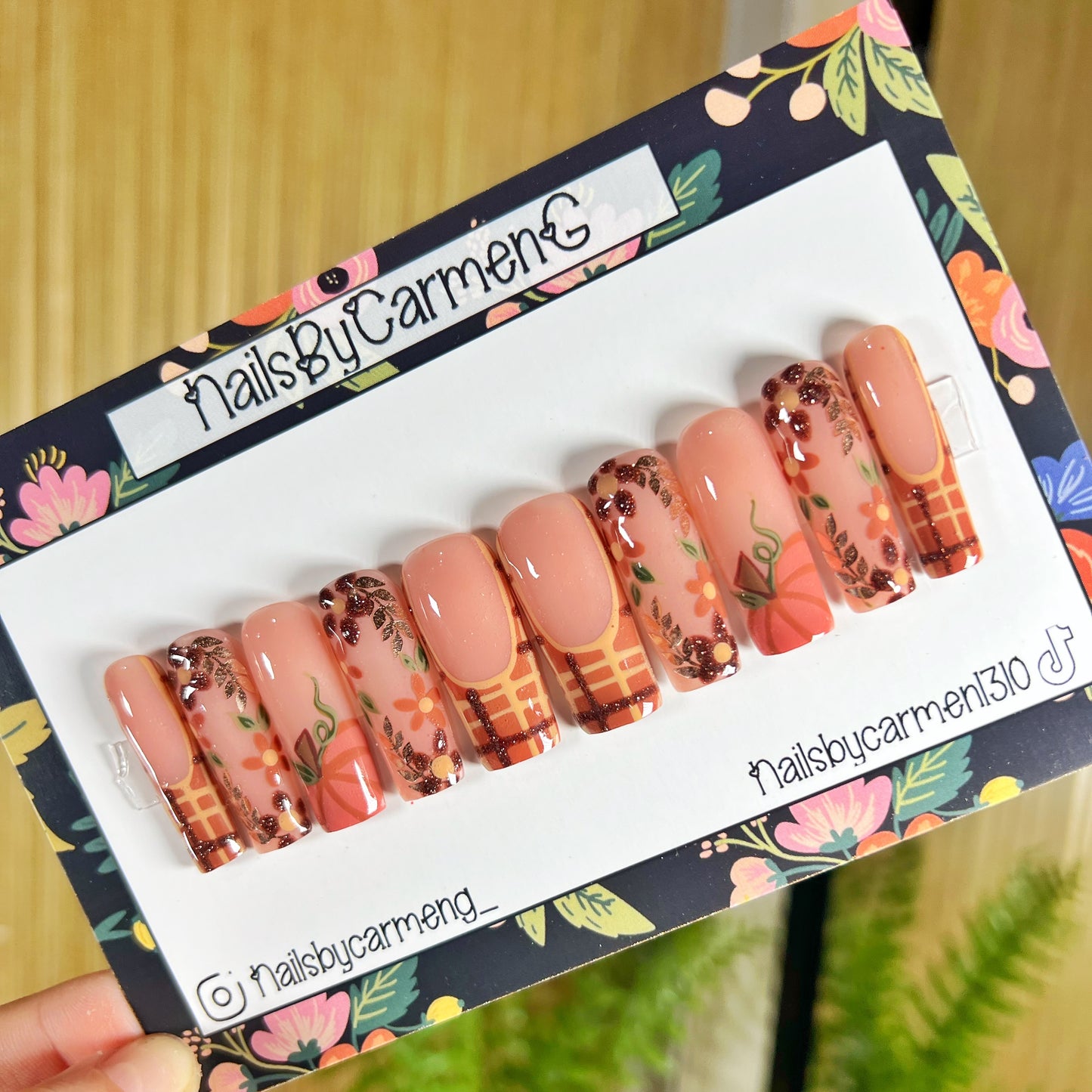 Pumpkin plaid Acrylic Press on nails