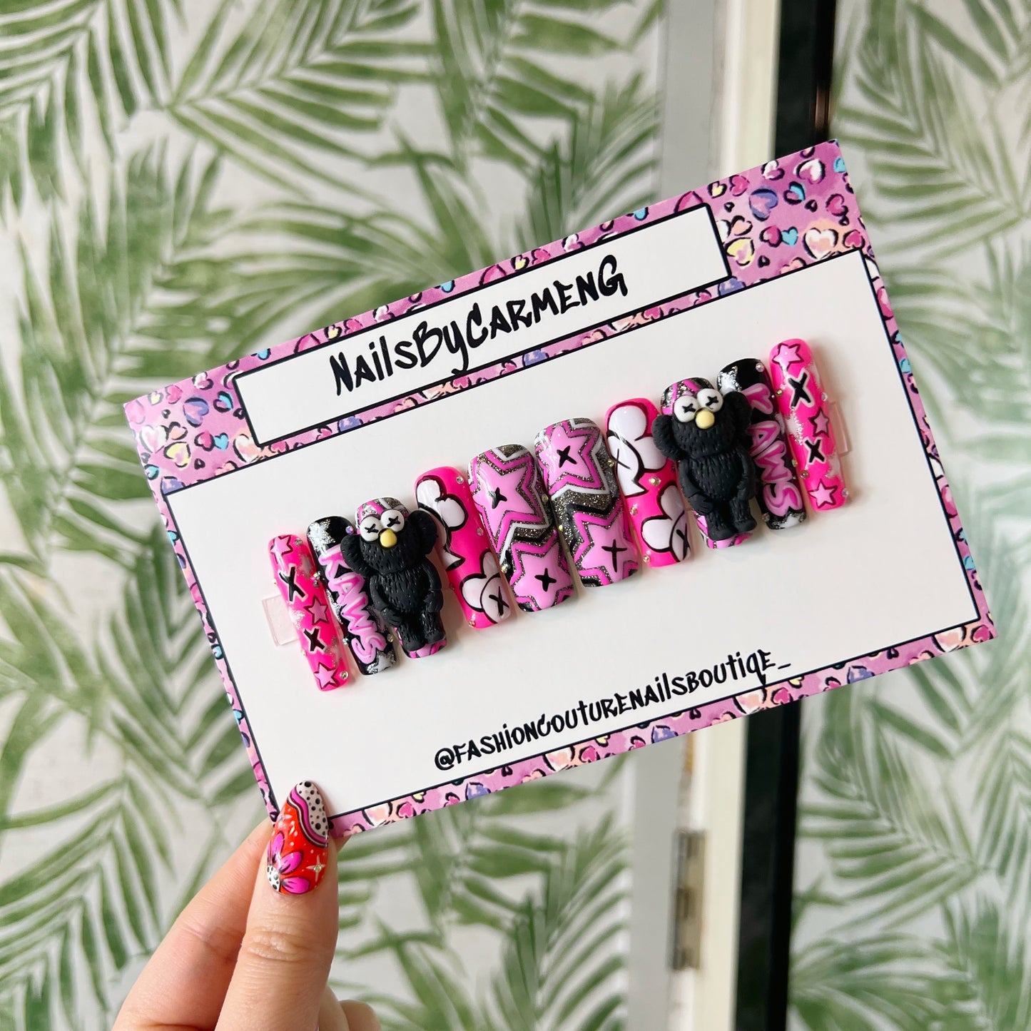 Black and pink  Kaws charms Acrylic Press on nails